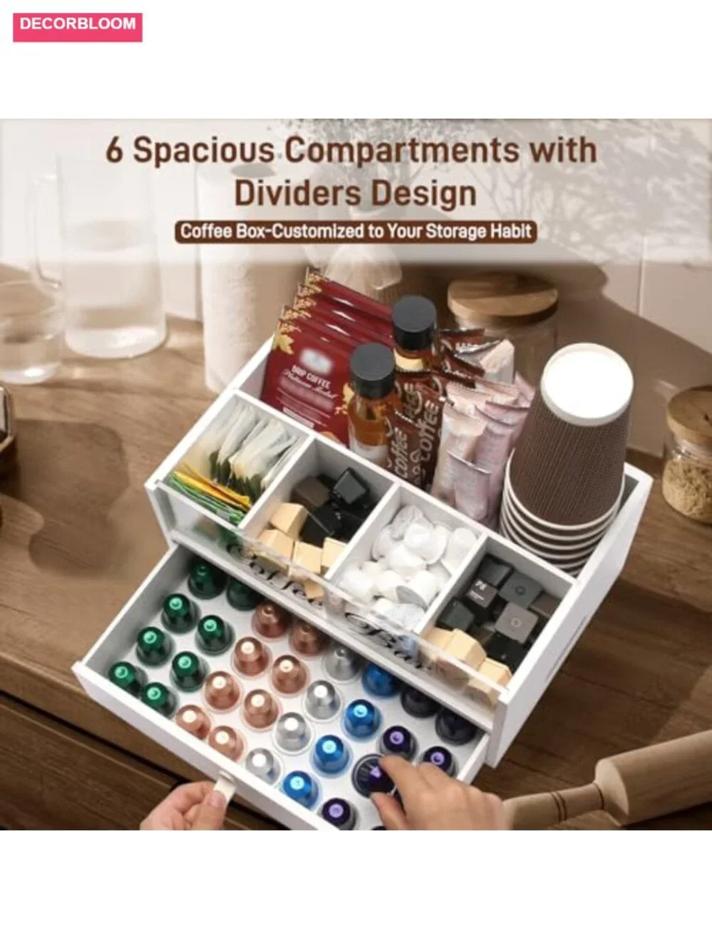 2-Tier Coffee Bar Organizer with Clear Acrylic Top, Built-in Drawer, Solid Wood
